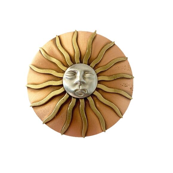 Vtg Celestial Brooch Pin Mixed Metal Sun Face 2" Copper Brass Aluminum Circle - Picture 1 of 5